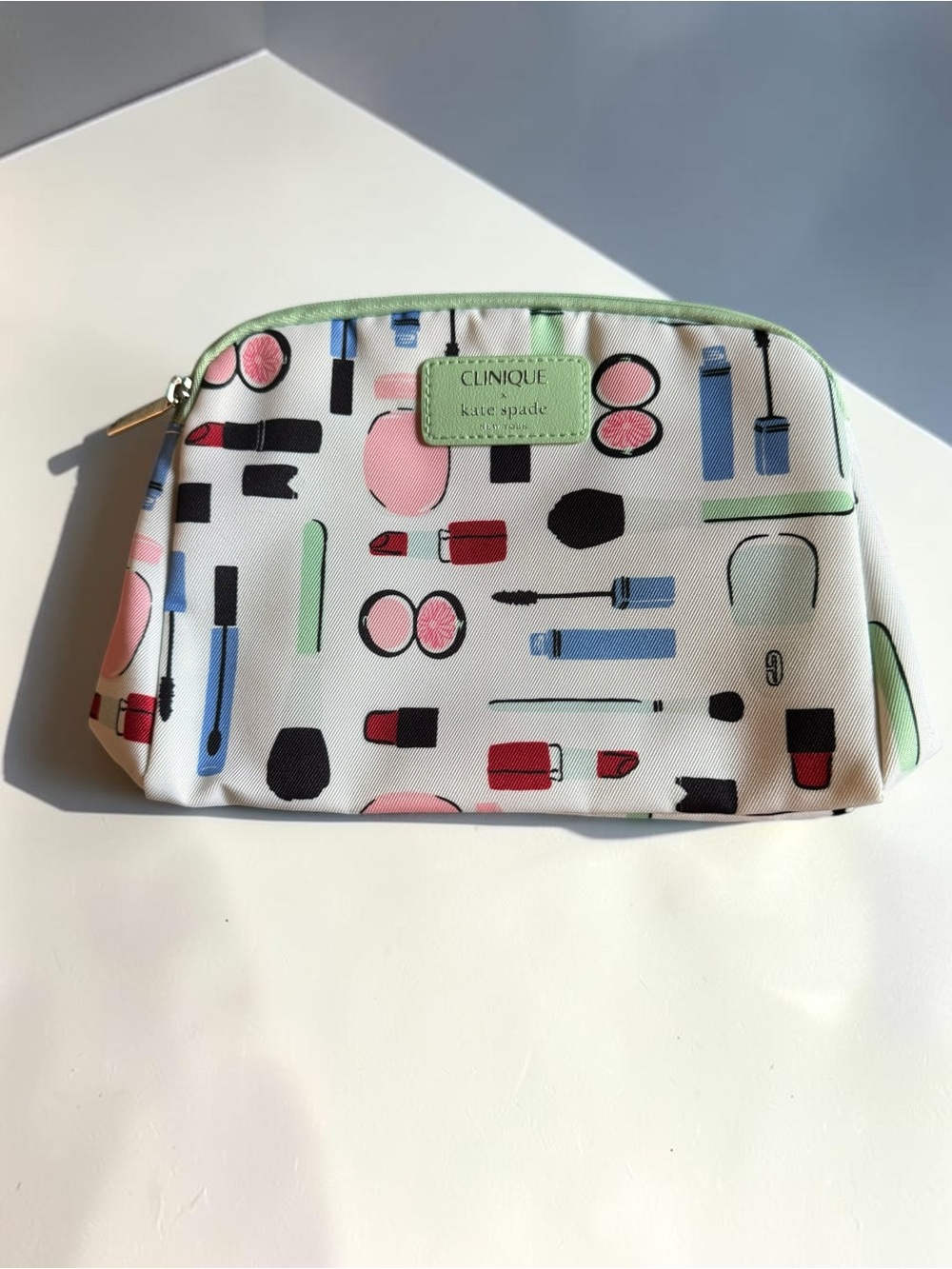 Clinique Cosmetic Pouch in White, Pink & Green Trim